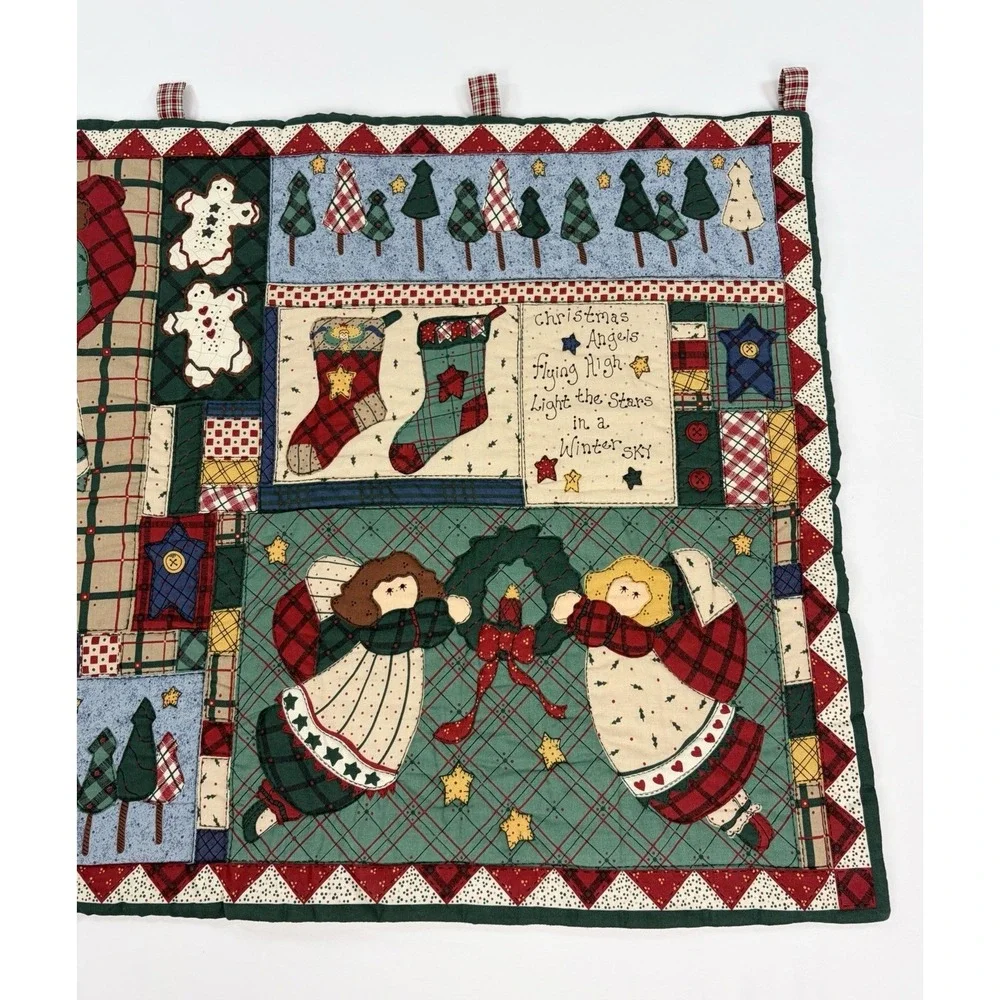 Vintage Christmas Quilted Wall Hanging Angel Stocking Patchwork Holiday 25x30